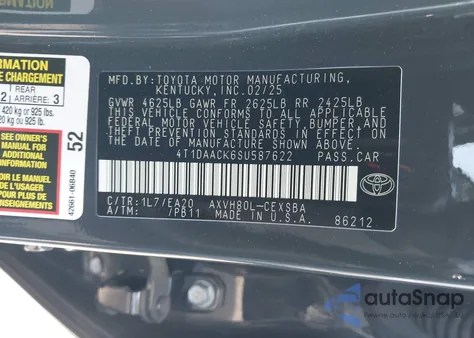 2025 Toyota Camry Se z USA, uszkodzony, nr VIN 4T1DAACK6SU587622